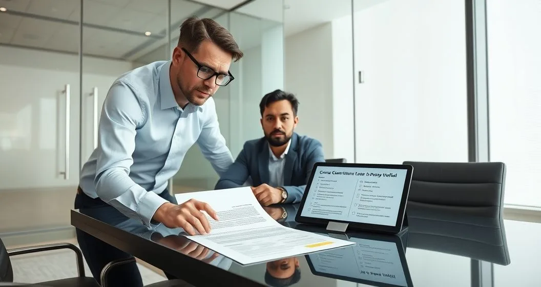 Advisor explaining a loan contract clause to a borrower over a contract and tablet showing a payment plan in a modern office