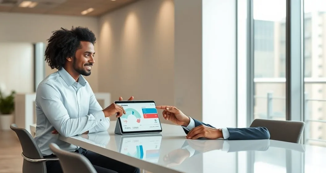 Financial advisor explaining credit utilization with a tablet showing stylized credit cards and usage gauges to a client in a modern office