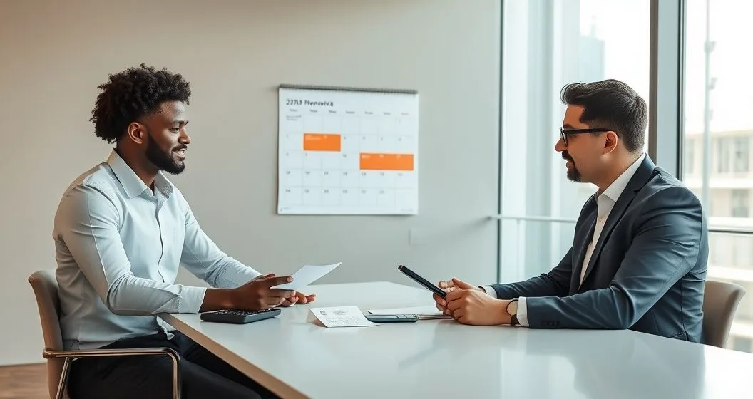 Loan advisor points to calendar dates across from a borrower with a bill and calculator illustrating a grace period and potential late fee
