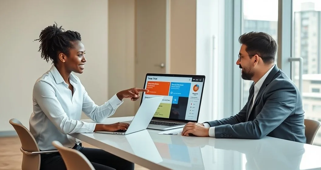 Tax advisor and client reviewing a laptop screen with alert tiles representing unreported income mismatched forms and a calendar deadline in a modern office