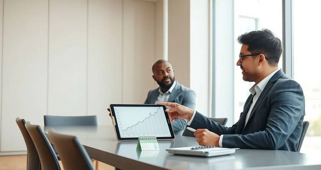 Tax advisor points to tablet showing a rising line graph and calendar while a client takes notes in a modern office representing daily compounded IRS interest and strategies to minimize it