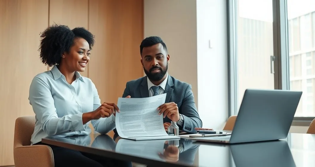 Tax professional points to a printed tax transcript while a client examines a laptop showing a blurred transcript summary in a modern office.