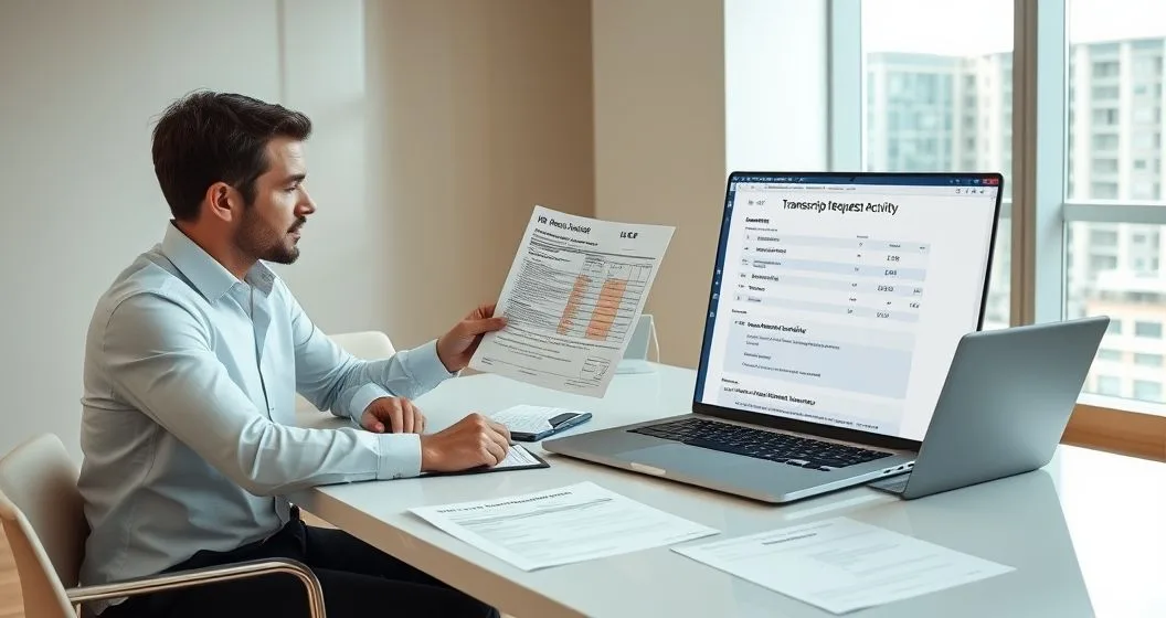 Tax professional pointing to a printed IRS transcript at a minimalist conference table with a laptop showing an online transcript request and Form 4506 T nearby.
