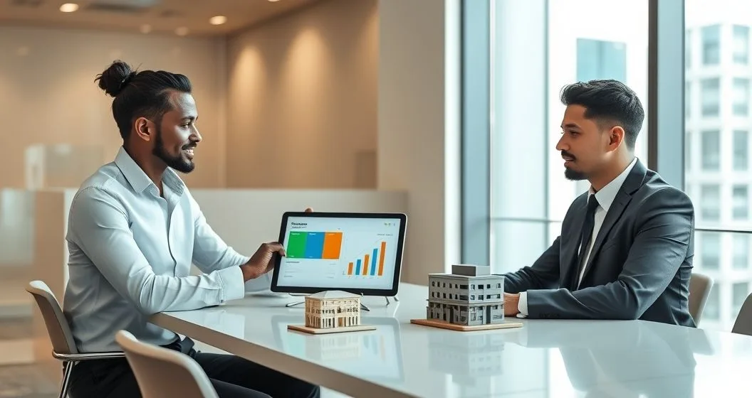 Loan officer points to a tablet showing a color fund allocation while borrower listens and a small commercial building model sits on the table