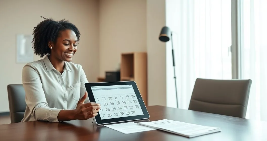 Borrower and counselor reviewing a tablet calendar with nine checked boxes representing rehabilitation payments