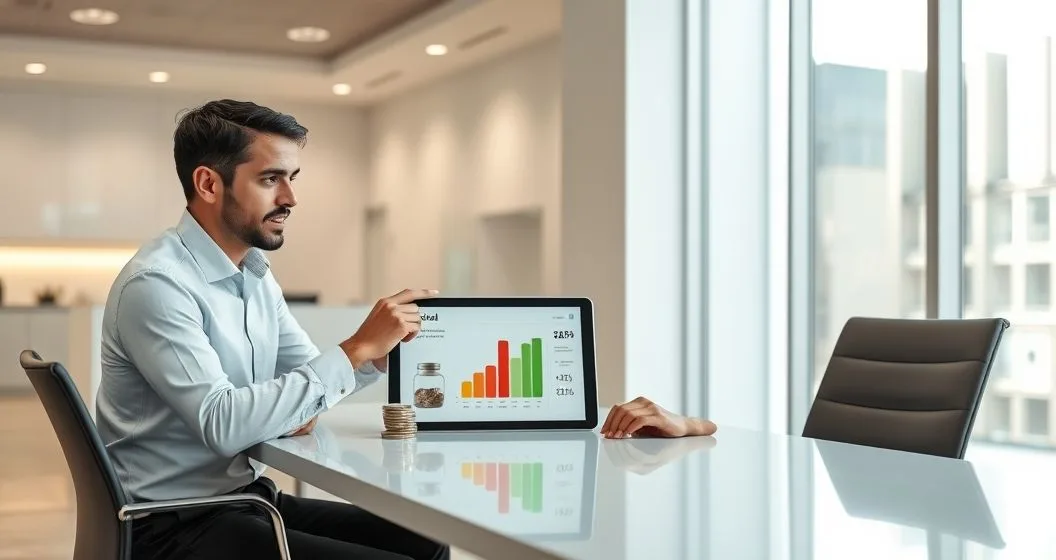 A loan officer points to a tablet showing a split infographic with a red deficit indicator and a green surplus indicator while a homeowner listens in a modern office