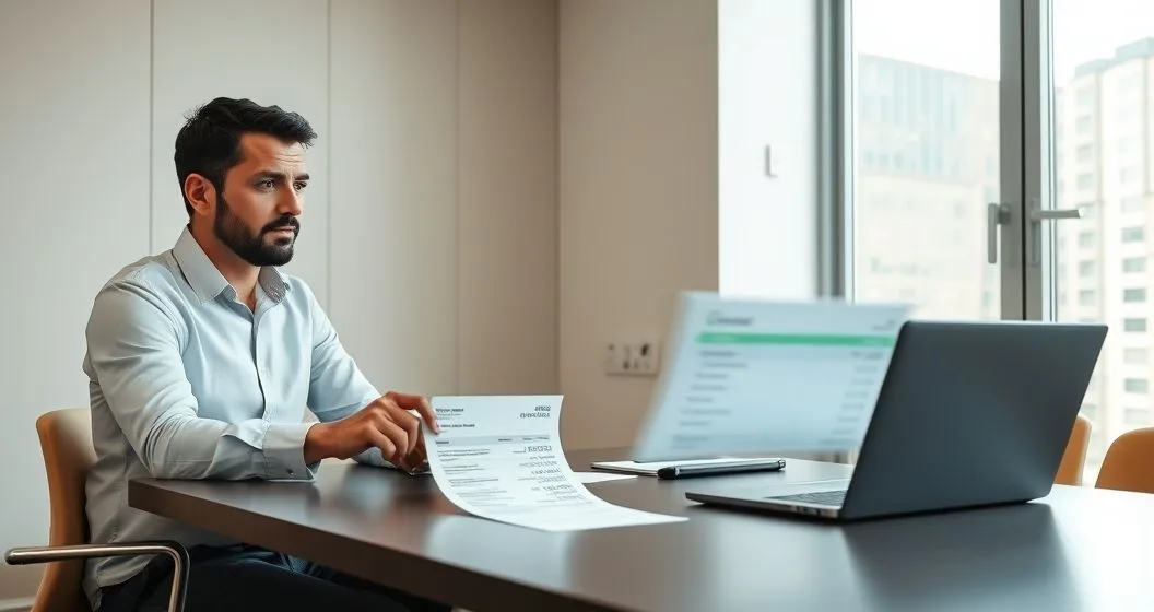 A borrower and a financial counselor review a paystub and a laptop showing a flagged bank transaction in a modern office, illustrating risk of loan offsets and wage garnishment
