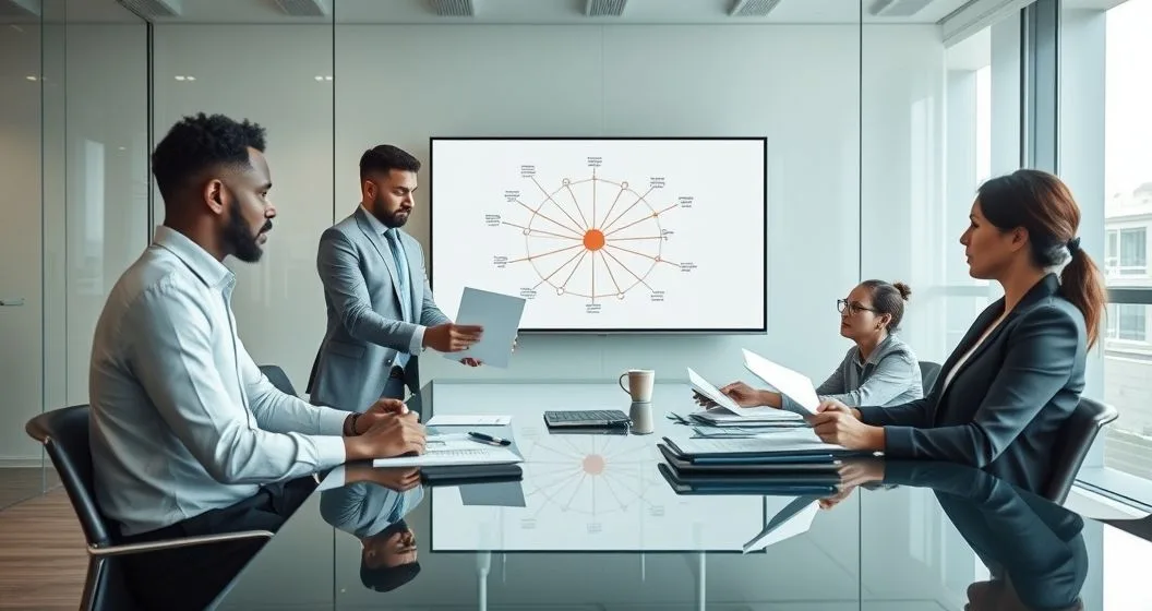 Borrower and lead bank agent in a modern boardroom reviewing a syndicated loan agreement with advisors and a screen showing lender network