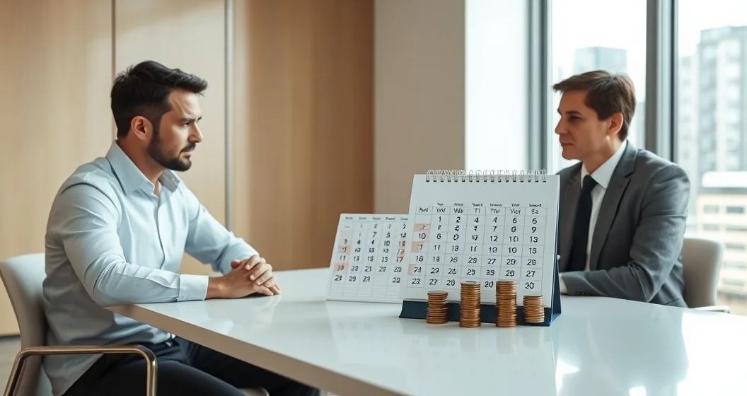 Borrower and counselor at a clean table examining a calendar with circled days and increasing coins beside a stack of cash illustrating per day payday loan fees