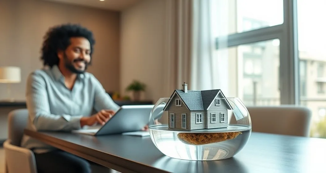 Homeowner and mortgage advisor at a conference table with a small house partially submerged in a glass dish illustrating negative equity