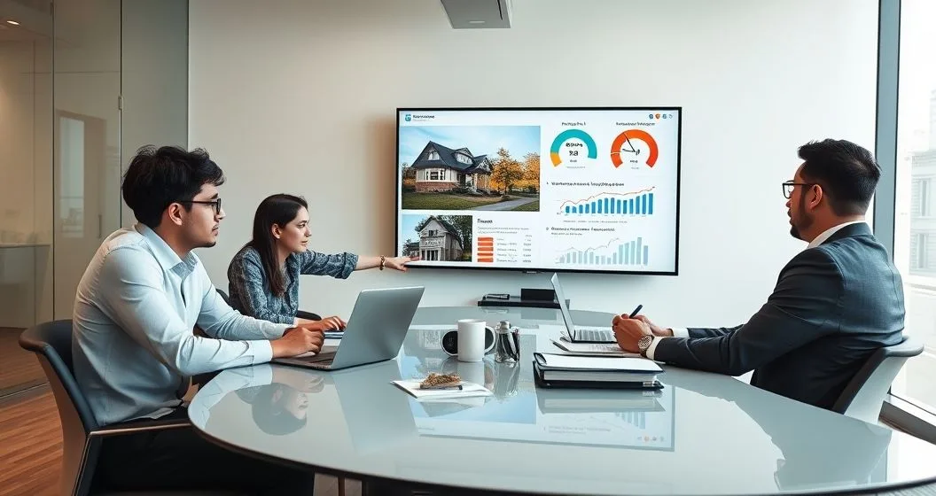 Diverse underwriters around a conference table reviewing digital appraisals property images charts and legal documents on screen