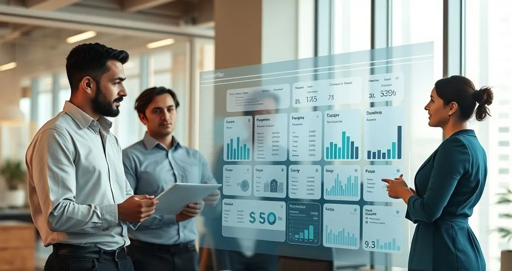 Diverse underwriters gathered around a transparent dashboard showing card style tiles for rent utility bank payroll and online sales data in a modern office