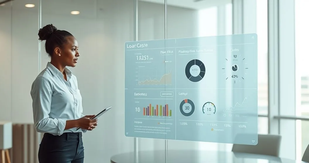 Diverse loan officer and data scientist with borrower reviewing a translucent digital interface showing risk heatmaps and a flagged loan in a modern conference room