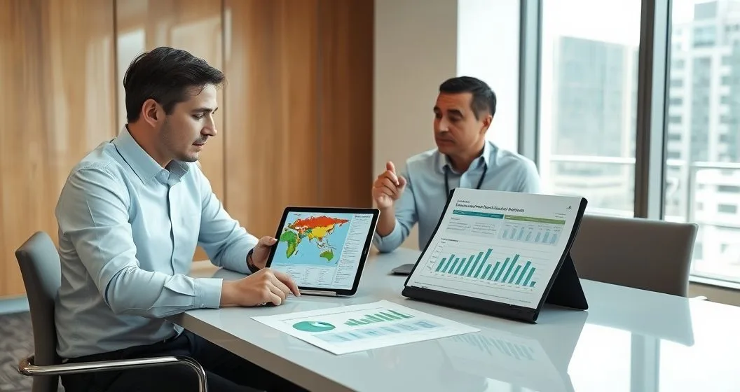 Two professionals at a conference table examine a tablet showing a climate risk heat map and financial charts with a printed valuation report and city skyline in soft focus