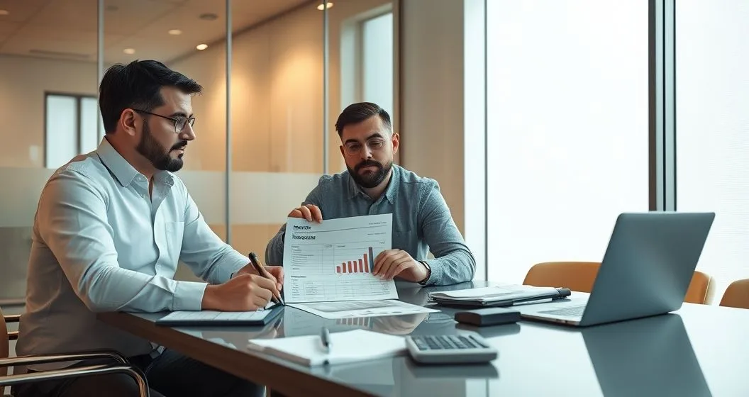 Lender points to a profit and loss statement as a small business owner and analyst review charts on a laptop in a conference room
