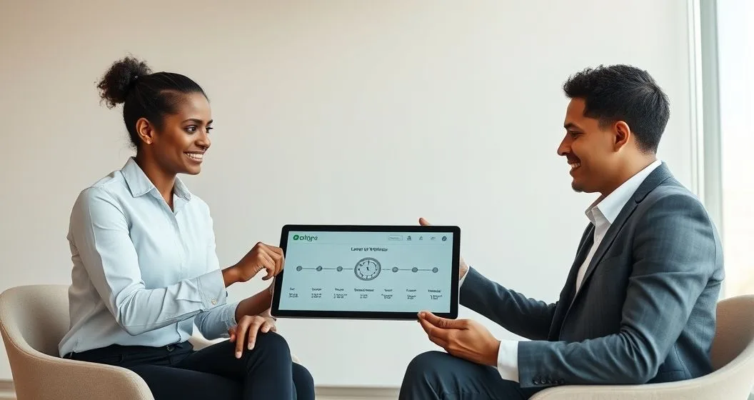 Loan officer and borrower in a modern conference room reviewing a tablet with a timeline graphic showing shifting underwriting windows and a clock symbol to illustrate changing review periods