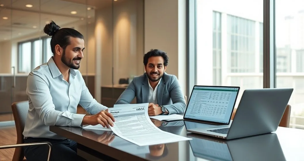 Tax advisor and couple reviewing Form 1040 X at a conference table in a modern office
