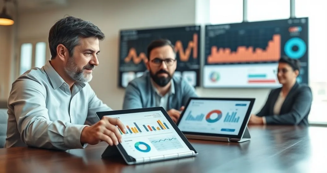 Lender and small business owner examining a tablet showing bank transaction flows POS sales charts and a supplier invoice in a modern conference room