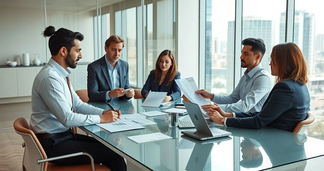 Diverse tax professionals and a client reviewing expert reports and digital data in a modern conference room.