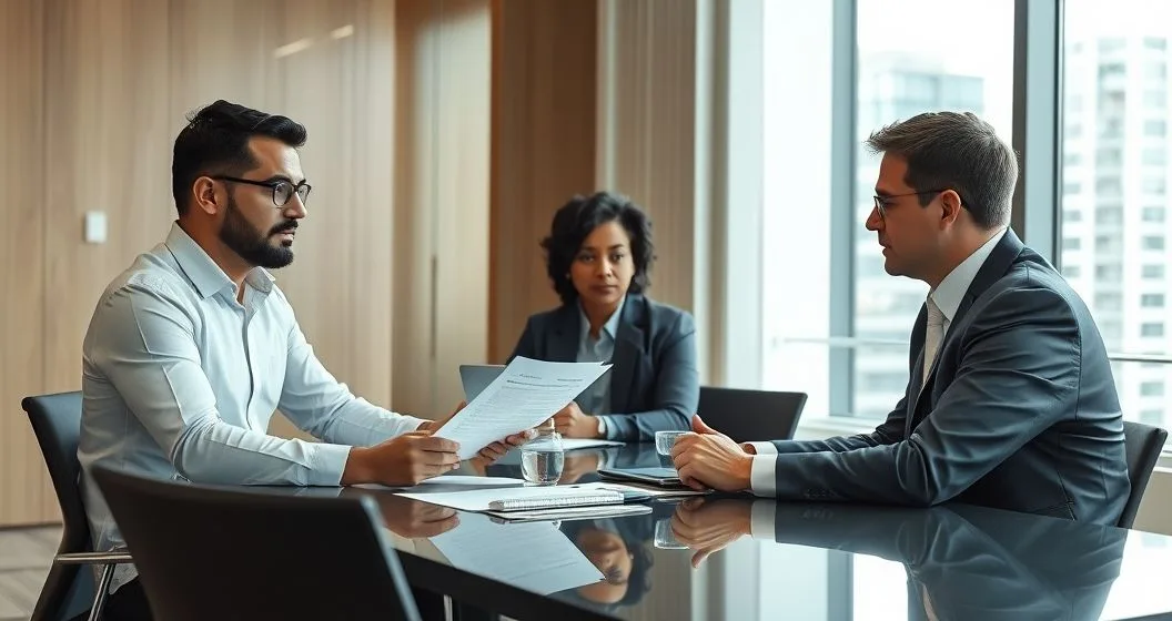 Tax attorney and CPA with a client presenting written appeal documents to an IRS Appeals officer in a modern conference room