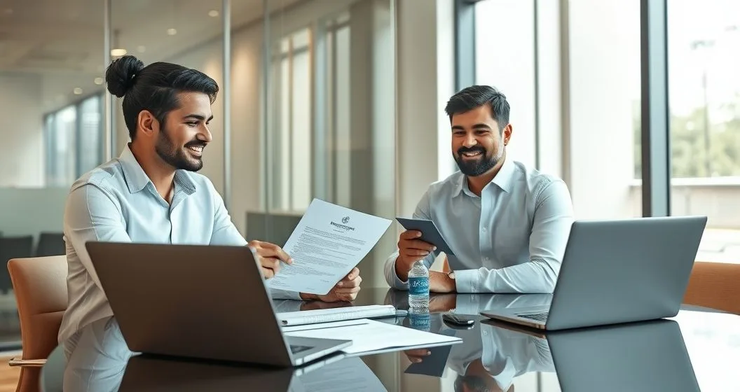 Mortgage broker handing a preapproval letter to a diverse couple in a modern glass office