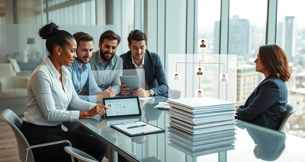 Financial professionals reviewing a tablet showing recurring payment flow and contract folders in a modern office