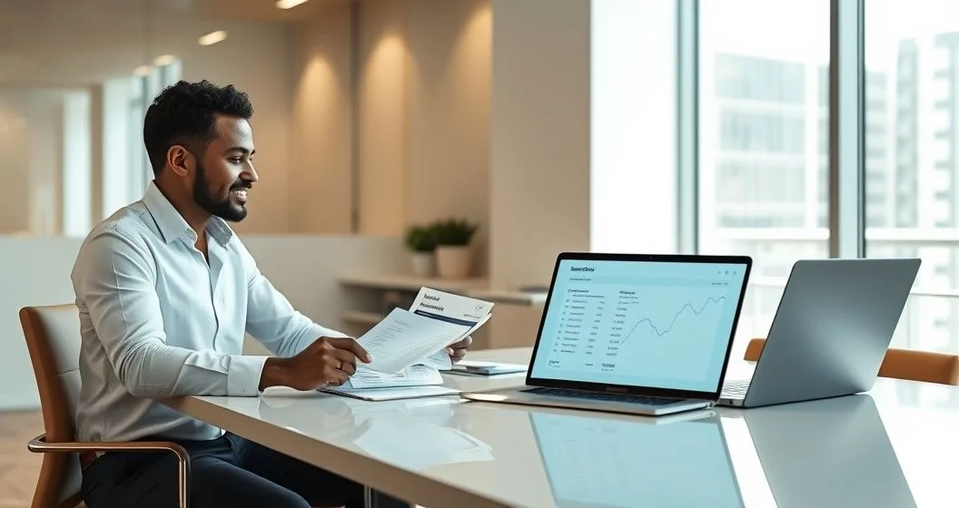 Loan officer and small business owner review bank statements with a tablet showing transaction feed and a laptop displaying an abstract algorithmic score in a modern office