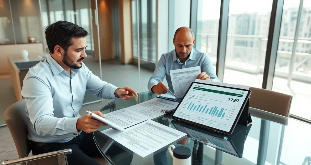 Independent contractor and loan officer reviewing tax returns bank statements and a tablet with profit and loss in a modern office
