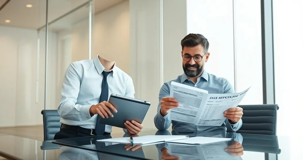 Loan officer and self employed owner reviewing tax returns profit and loss statements and bank records at a conference table with laptop and tablet