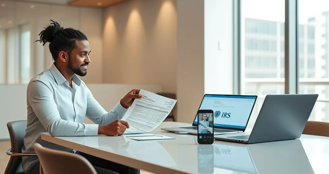 Tax advisor and client compare a printed tax notice with the official IRS website on a laptop while preparing to verify legitimacy