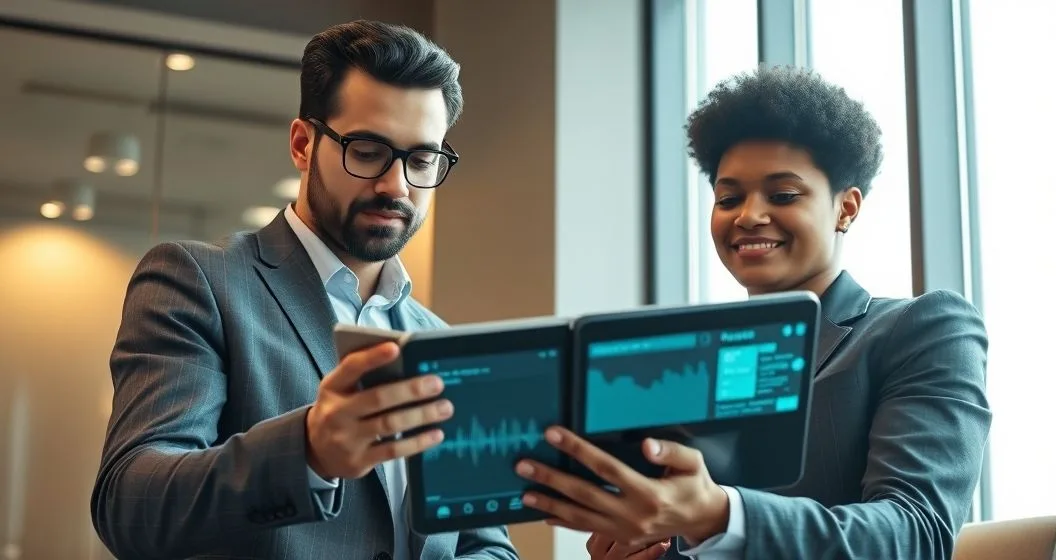 Loan officer reviews a tablet showing live audio waveform and blurred bank transactions while a diverse borrower speaks into a smartphone in a modern fintech office