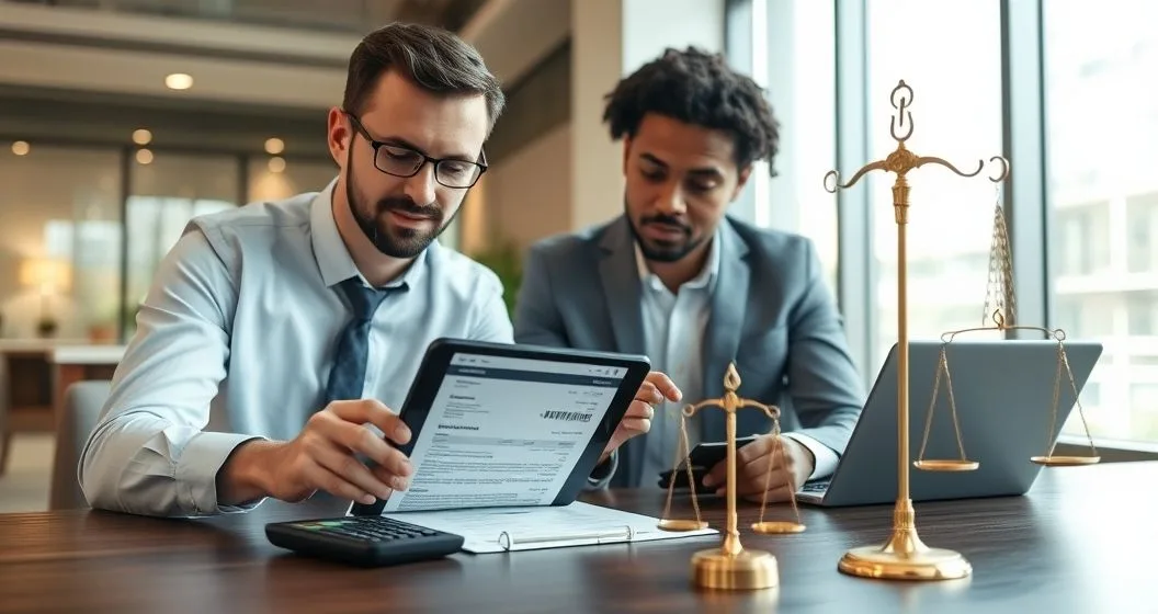 Advisor points to highlighted area on a tablet pay stub while employee listens in a modern office with a small scale of justice visible