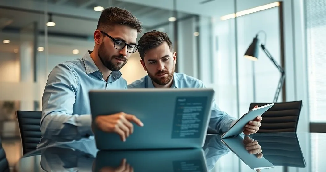 Two professionals in a conference room reviewing a laptop with a diagnostics dashboard showing warning icons while troubleshooting a site search error