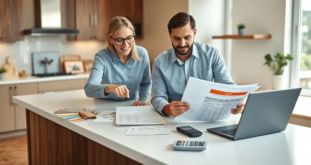 Homeowner and financial advisor at a kitchen island reviewing loan documents and a laptop with renovation samples visible, a red flag sticky note marking one folder.