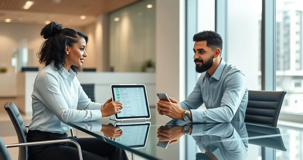 Loan officer and client reviewing a tablet showing highlighted recent credit inquiries in a modern bank office