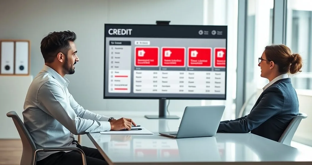 Loan officer and clients looking at a monitor showing a credit dashboard with alert badges indicating bankruptcies tax liens collections and judgments in a modern office.