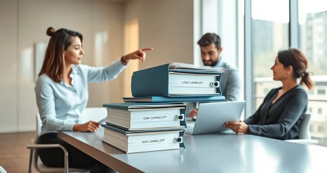 Financial advisor pointing at stacked loan folders with the senior folder elevated above the subordinate folder to illustrate loan ranking