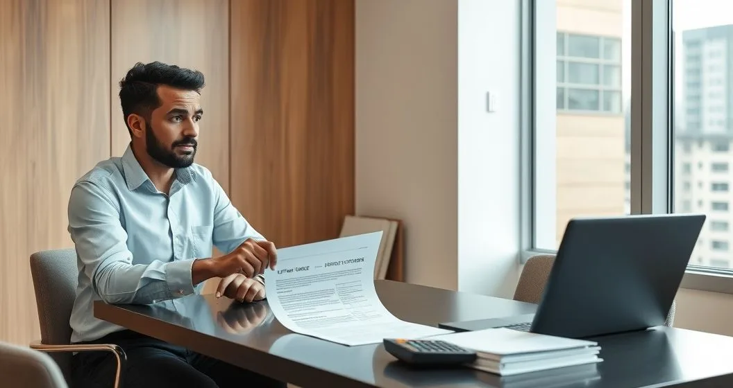 Tax advisor and taxpayer at a conference table reviewing a refund offset document and a laptop