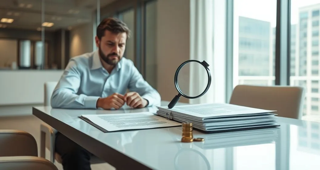 Borrower and financial advisor at a sleek conference table, borrower using a magnifying glass to discover hidden coins and fee tokens under a consolidation contract, modern office.