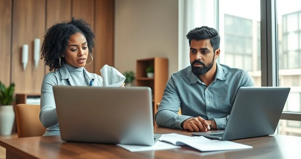Loan counselor points to laptop showing a reset progress tracker and calendar while a borrower looks concerned with merged loan statements on the table