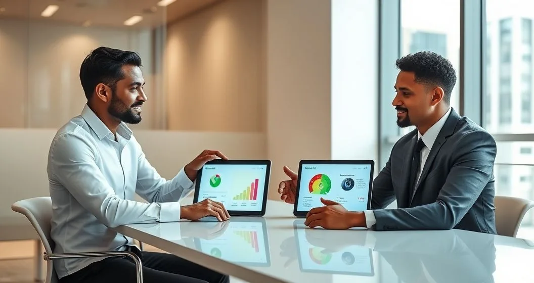 Loan officer pointing to a tablet showing two loan scenarios with different interest rate sliders and a credit score gauge while a diverse borrower listens in a modern office