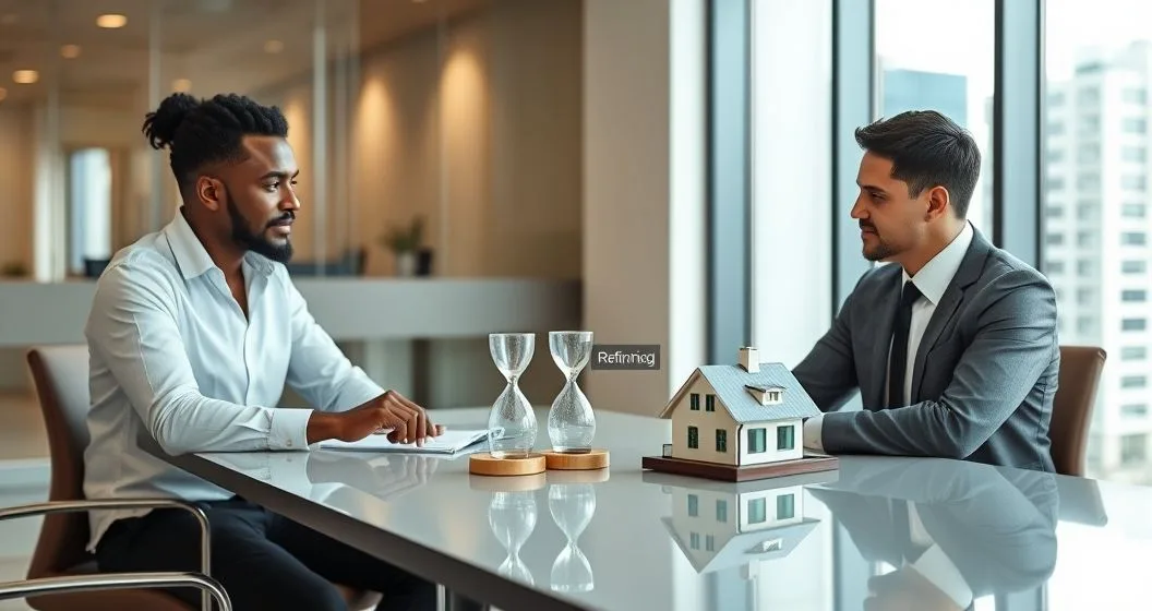Financial advisor showing a sand timer and a small house model to a diverse couple in a modern office to illustrate short term forbearance versus long term refinancing