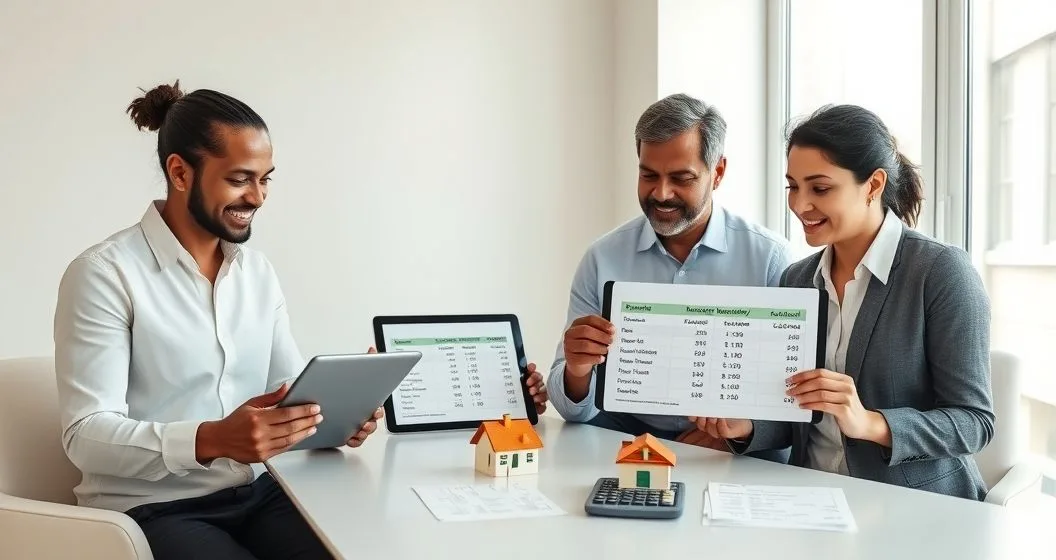 Mortgage advisor and homeowners compare a recast amortization schedule and a refinance quote at a modern conference table, advisor pointing to the lower monthly payment