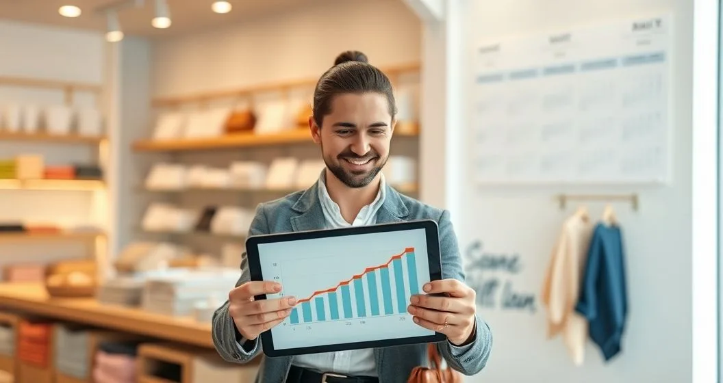 Small business owner and lender reviewing a tablet with a sales forecast in a bright boutique surrounded by seasonal inventory and a blurred calendar marking peak months.