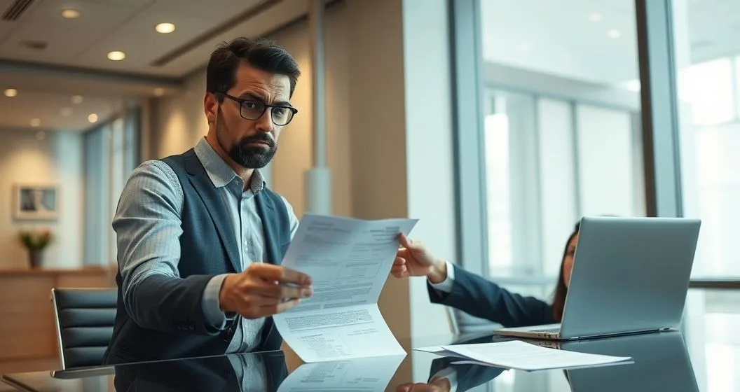 A cosigner receiving an overdue loan notice from a bank officer in a modern conference room while both look serious