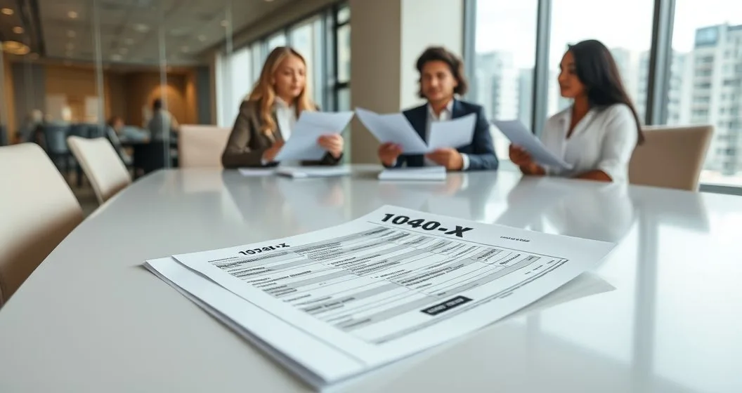 Tax advisor and client reviewing a Form 1040-X with W-2 and 1099 documents in a modern office