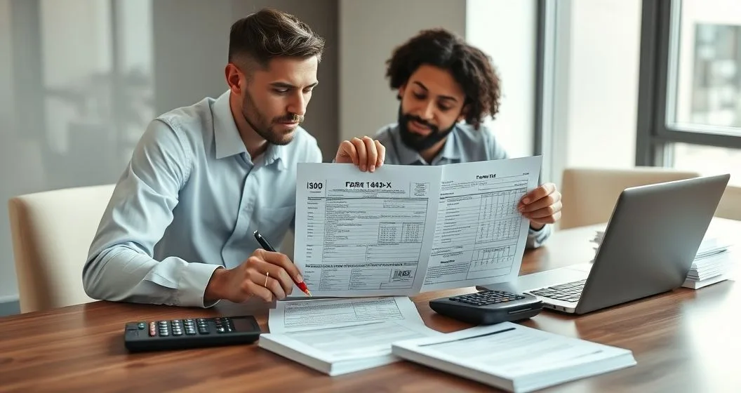 Tax advisor and client examining a printed Form 1040-X on a clean conference table with corrections marked and a laptop displaying tax software