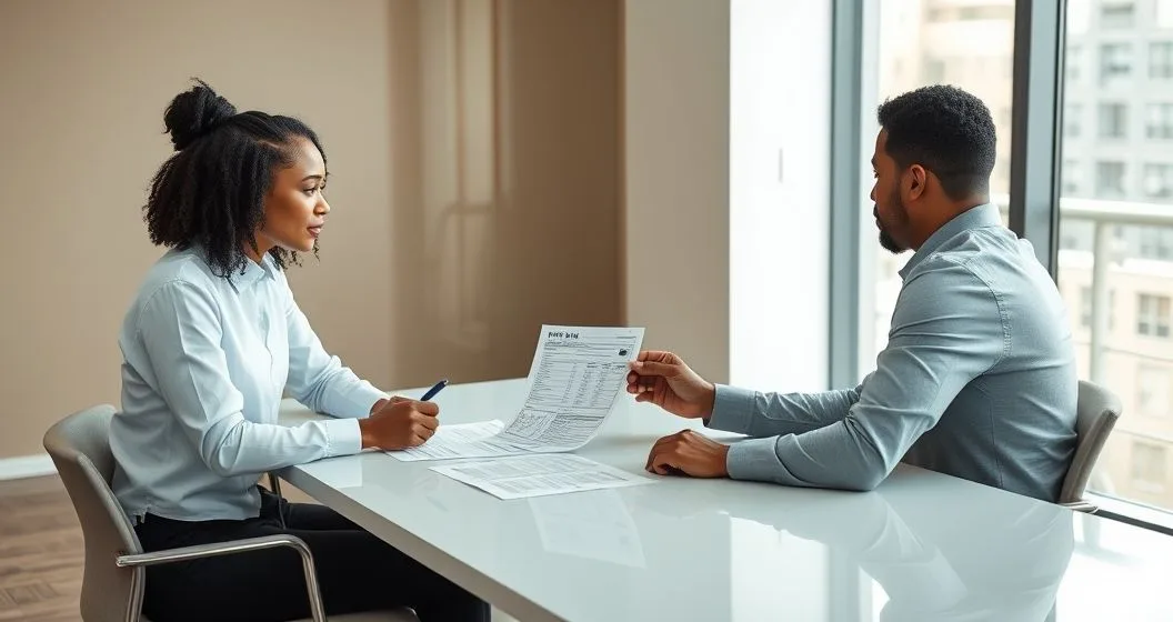 Tax professional pointing to corrected lines on a Form 1040 X while a taxpayer reviews and signs documents in a modern office