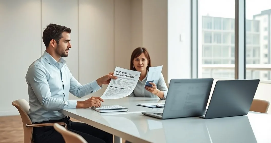Tax advisor and married client at a modern desk reviewing an injured spouse claim and refund offset documents
