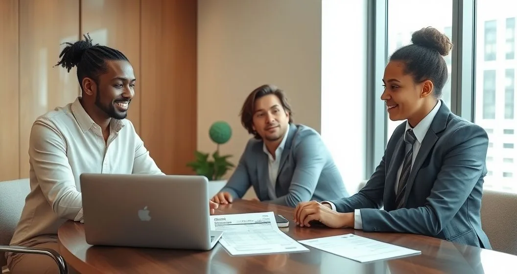 Tax advisor explaining a withholding discrepancy to two clients at a conference table with a laptop and paystub under soft daylight.